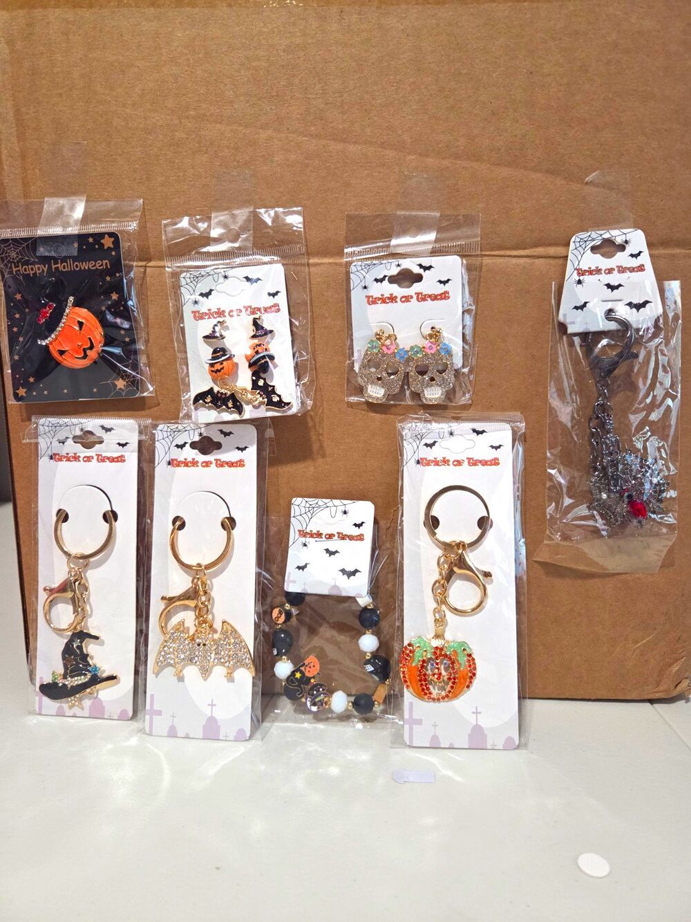 Gold Tone Halloween Mixed Lot 8pc Earrings,Key Chain/bag Charms,Bracelet